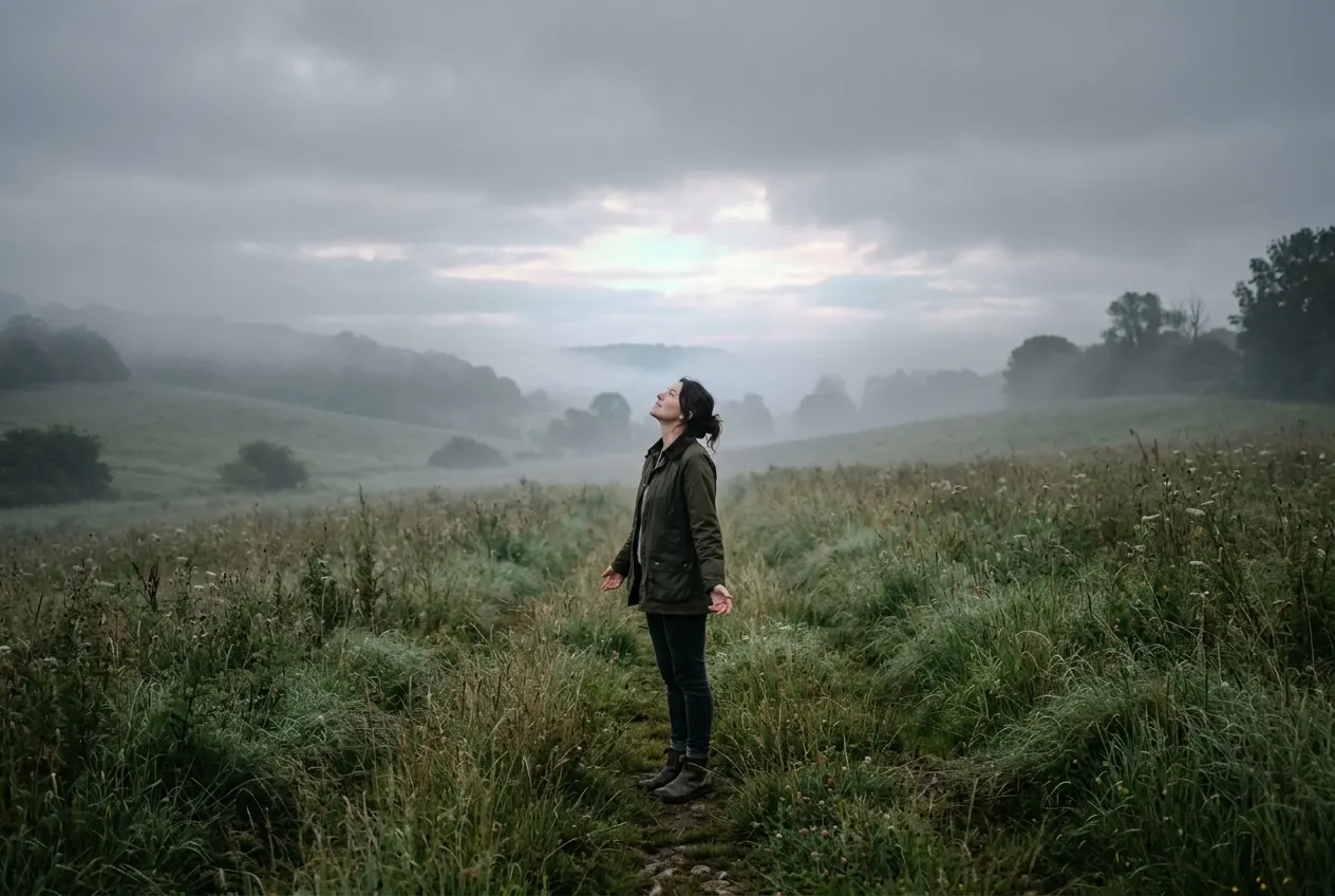 A person standing in a misty meadow at first light, face lifted toward a break in the clouds